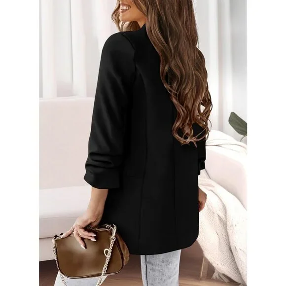 Women's Black Casual Blazer Spring Fall Fashion Long Sleeve Open Front Work